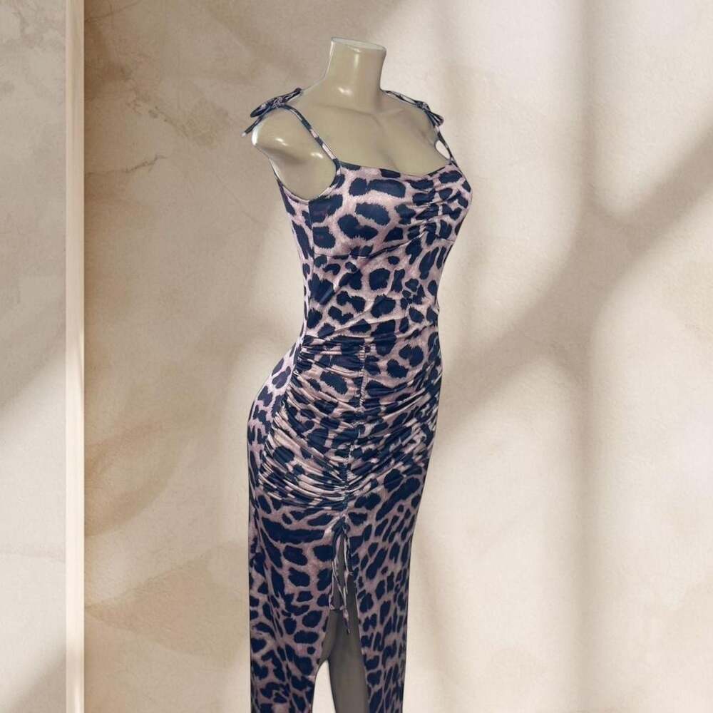Leopard Print Maxi Dress β Ruched Bodycon Spaghetti Strap Side Slit Sexy Y2K β§ M - Picture 2 of 4